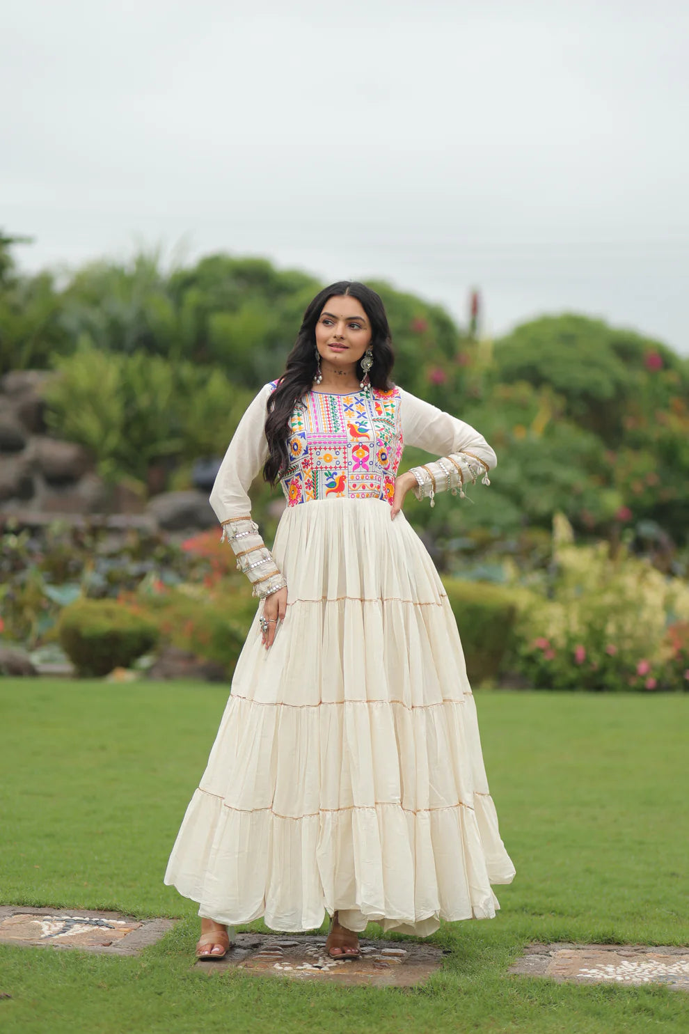 NAVRATRI SPECIAL KORA COTTON EMBROIDERED GOWN WITH GOTA PATTI WORK(WD189)