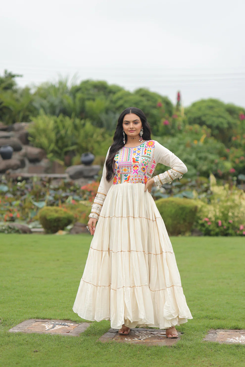 NAVRATRI SPECIAL KORA COTTON EMBROIDERED GOWN WITH GOTA PATTI WORK(WD189)