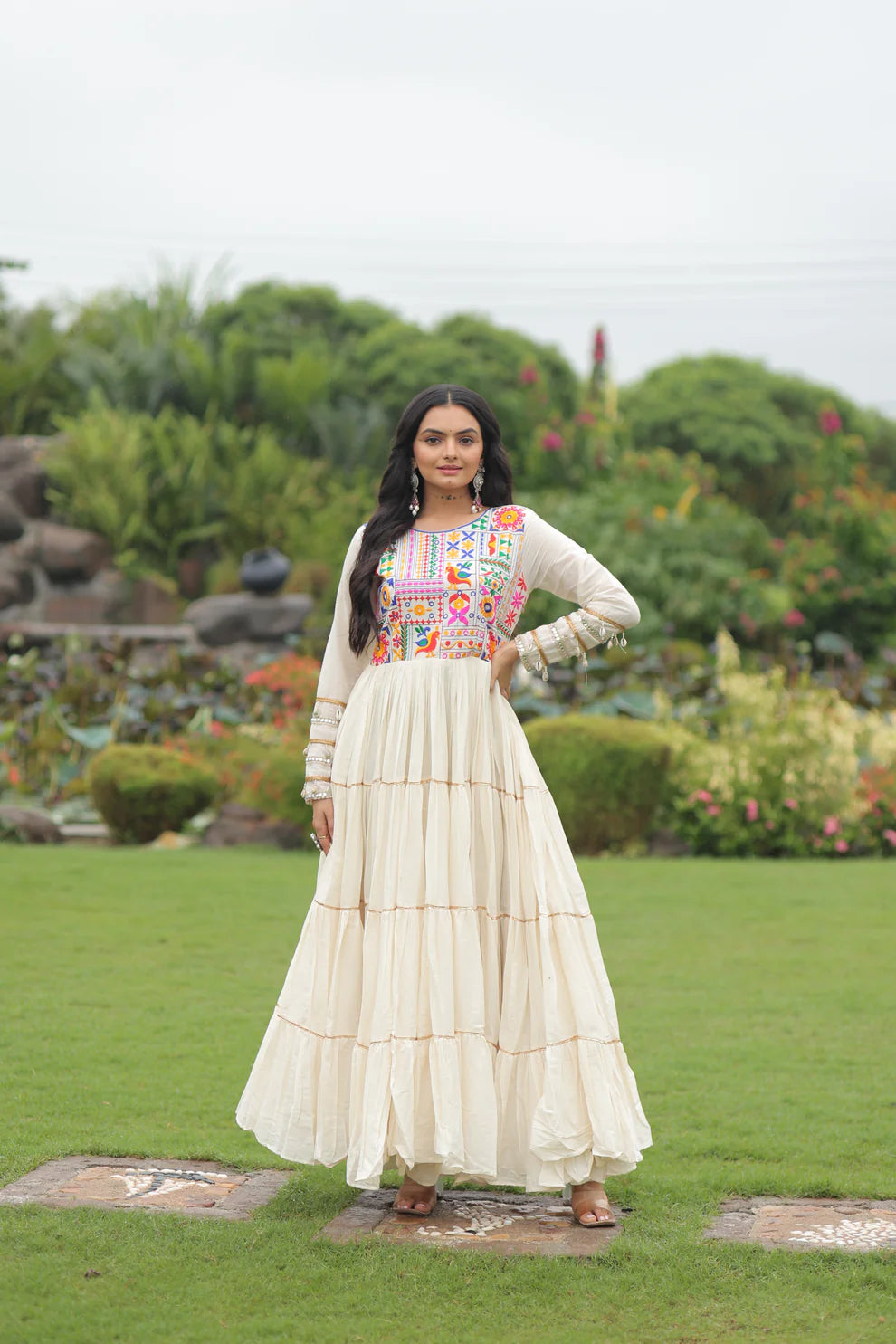NAVRATRI SPECIAL KORA COTTON EMBROIDERED GOWN WITH GOTA PATTI WORK(WD189)