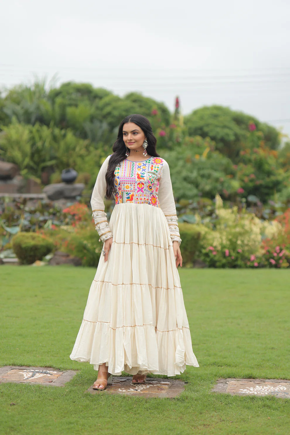 NAVRATRI SPECIAL KORA COTTON EMBROIDERED GOWN WITH GOTA PATTI WORK(WD189)