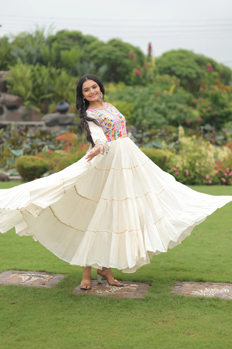 NAVRATRI SPECIAL KORA COTTON EMBROIDERED GOWN WITH GOTA PATTI WORK(WD189)