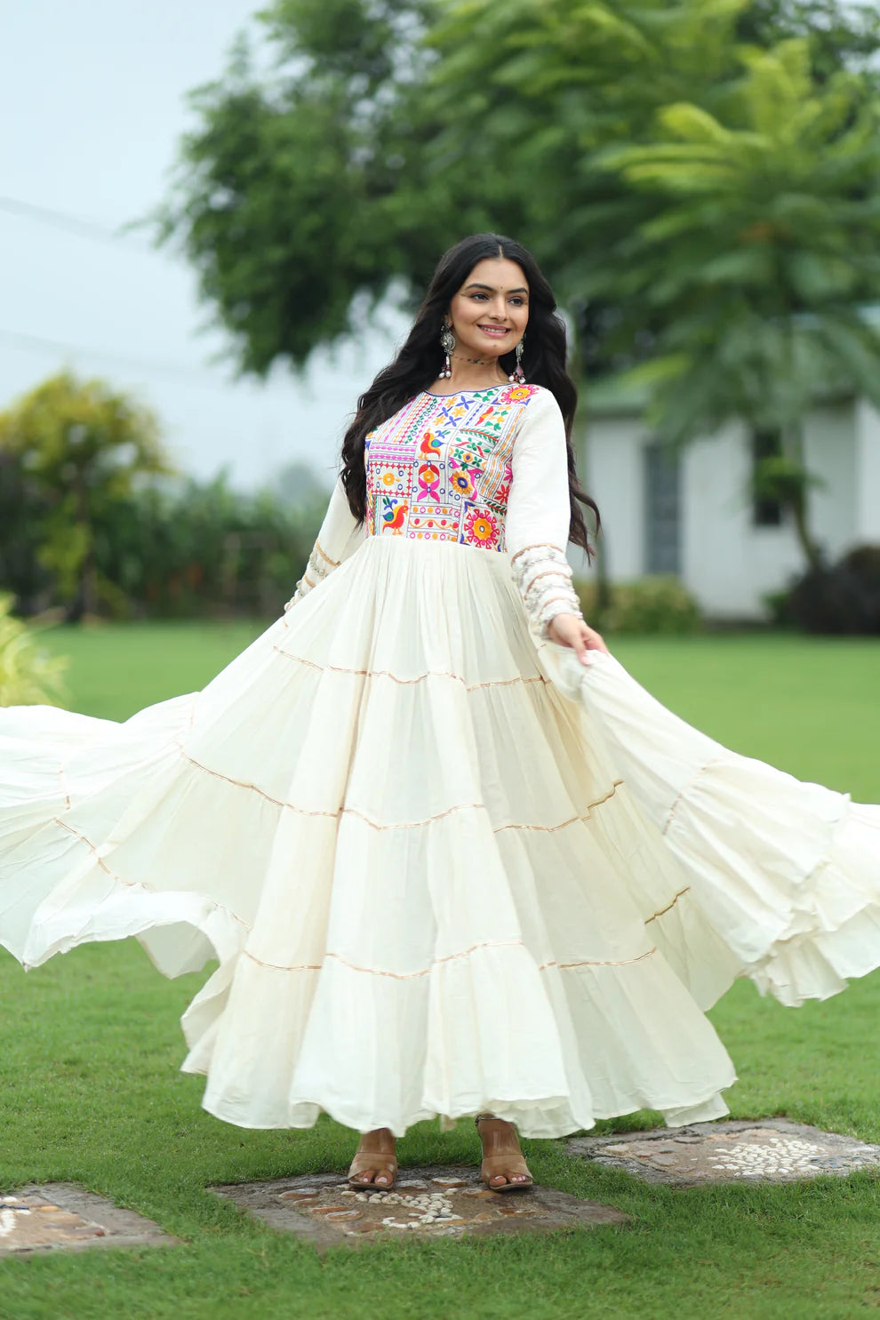 NAVRATRI SPECIAL KORA COTTON EMBROIDERED GOWN WITH GOTA PATTI WORK(WD189)