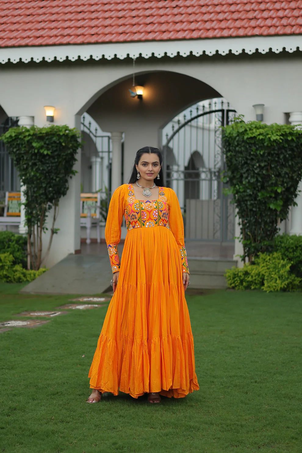 NAVRATRI SPECIAL GAMTHI KUTCHI WORK RAYON GOWN (WD182)
