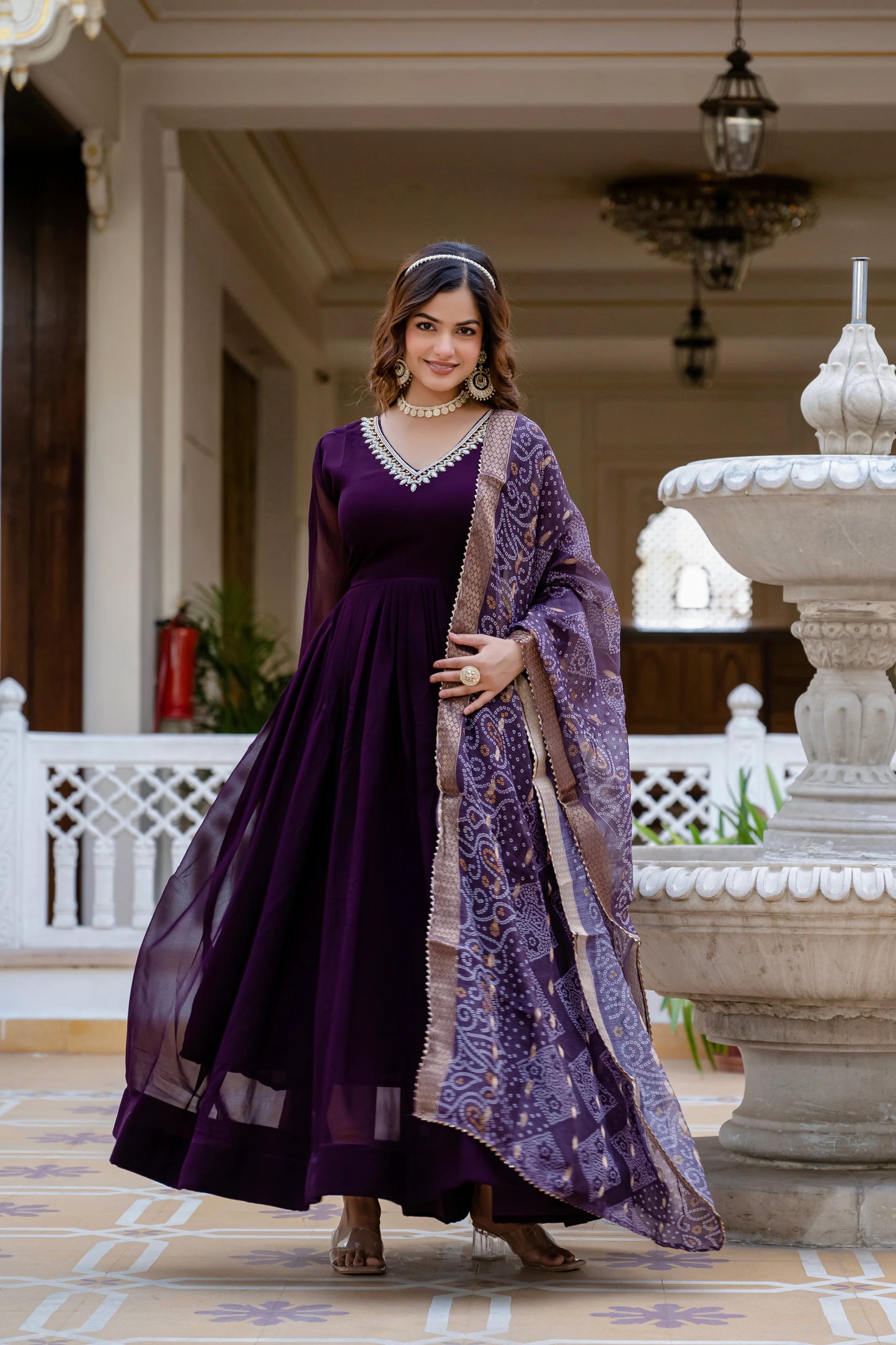 PEARL HANDWORK GOWN WITH PRINTED JEQUARD BORDER DUPATTA(WD04)