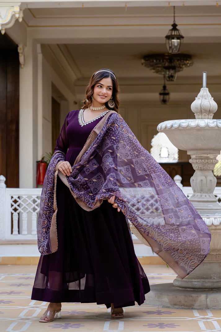 PEARL HANDWORK GOWN WITH PRINTED JEQUARD BORDER DUPATTA(WD77)