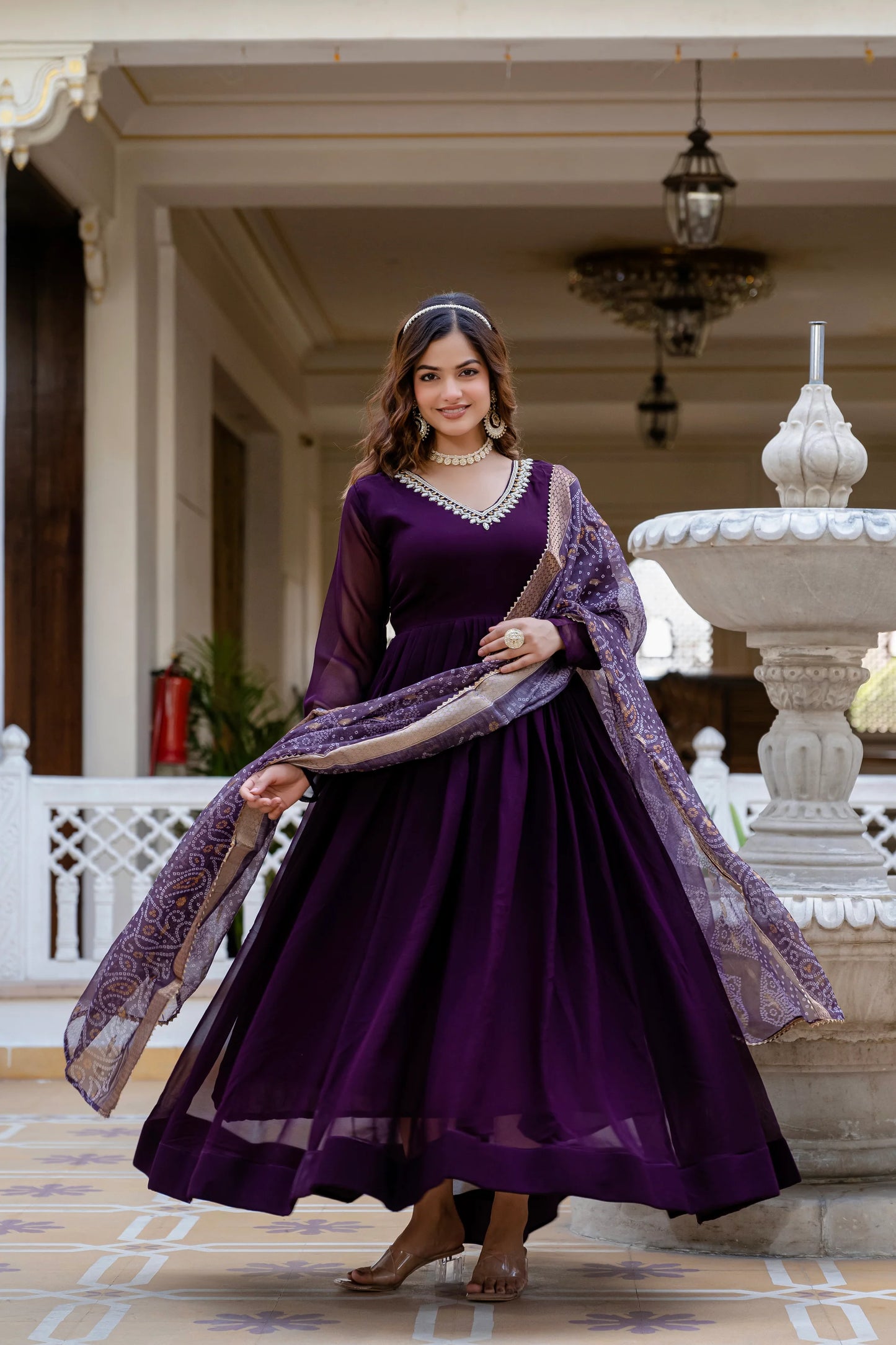 PEARL HANDWORK GOWN WITH PRINTED JEQUARD BORDER DUPATTA(WD04)