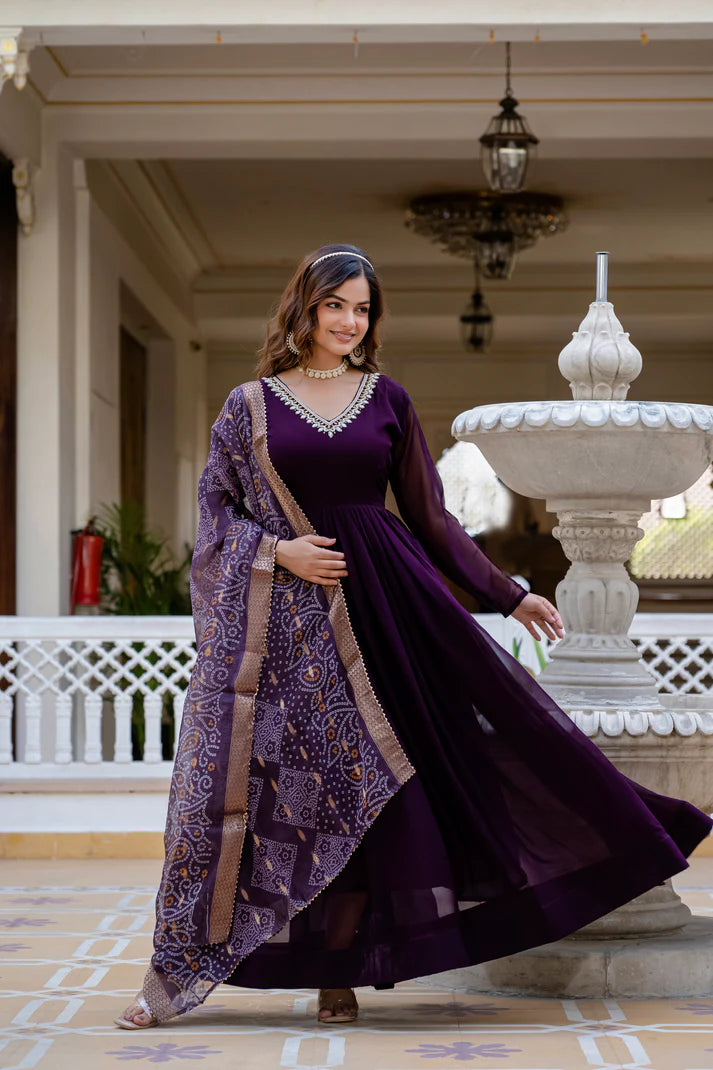 PEARL HANDWORK GOWN WITH PRINTED JEQUARD BORDER DUPATTA(WD77)