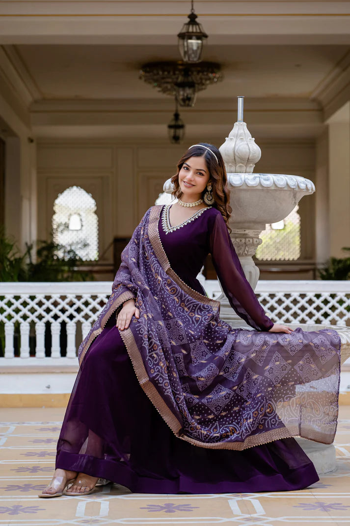 PEARL HANDWORK GOWN WITH PRINTED JEQUARD BORDER DUPATTA(WD77)