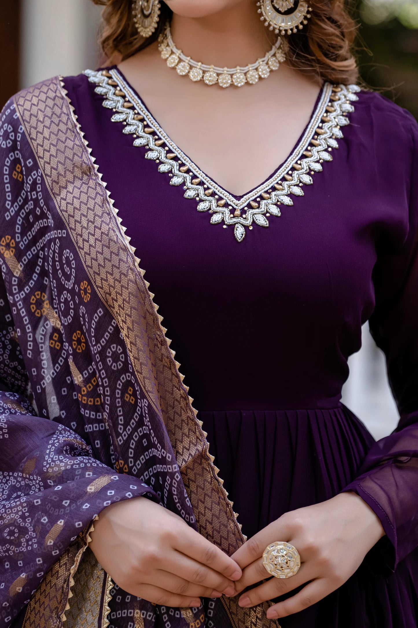 PEARL HANDWORK GOWN WITH PRINTED JEQUARD BORDER DUPATTA(WD04)