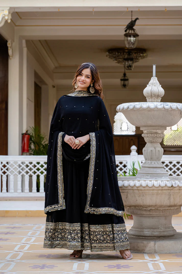BLACK BLOOMING EMBROIDERED GOWN WITH DUPATTA(WD02))