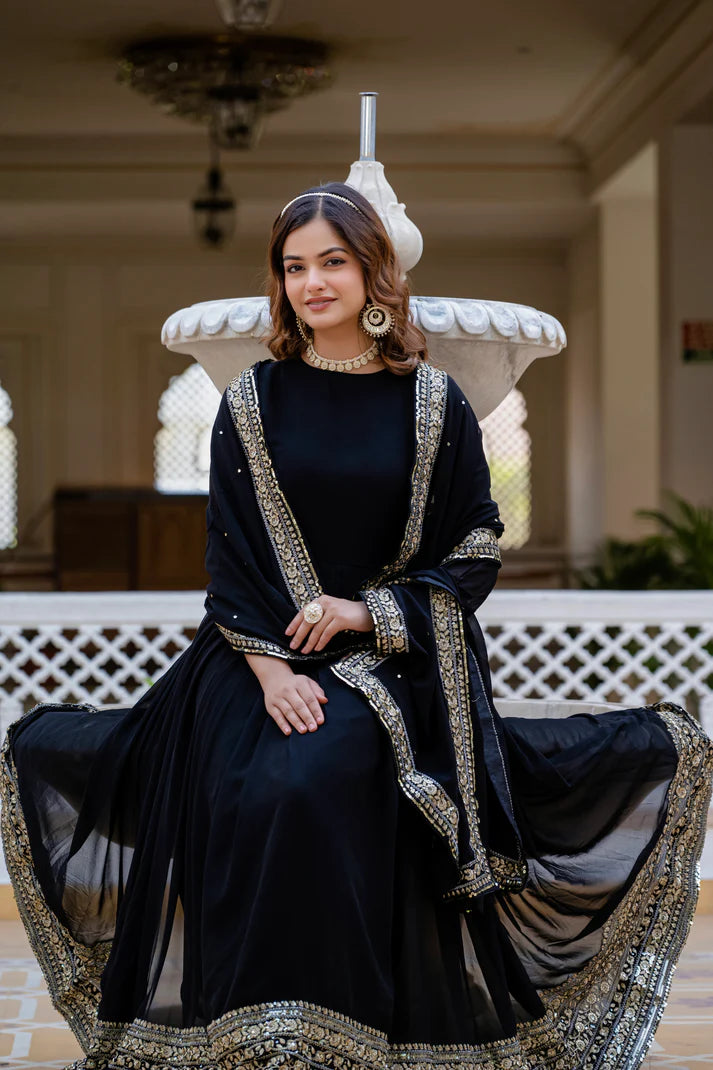 BLACK BLOOMING EMBROIDERED GOWN WITH DUPATTA(WD02))