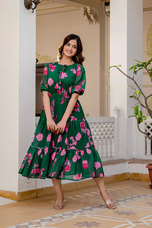 GREEN FAUX GEORGETTE FLORAL PRINT FLAIRED DRESS(WD70)