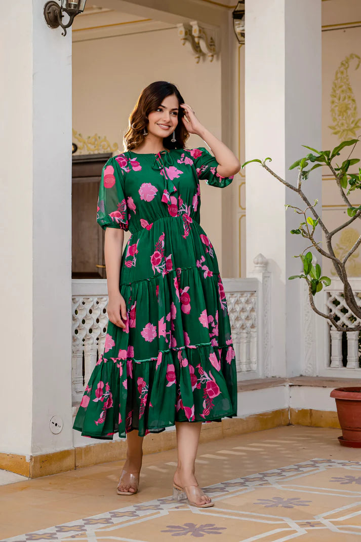 GREEN FAUX GEORGETTE FLORAL PRINT FLAIRED DRESS(WD70)