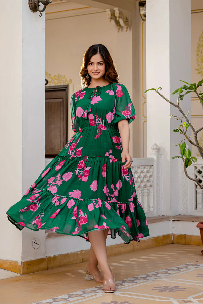 GREEN FAUX GEORGETTE FLORAL PRINT FLAIRED DRESS(WD70)