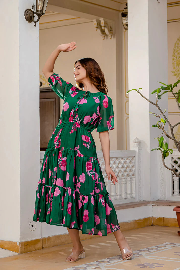 GREEN FAUX GEORGETTE FLORAL PRINT FLAIRED DRESS(WD70)