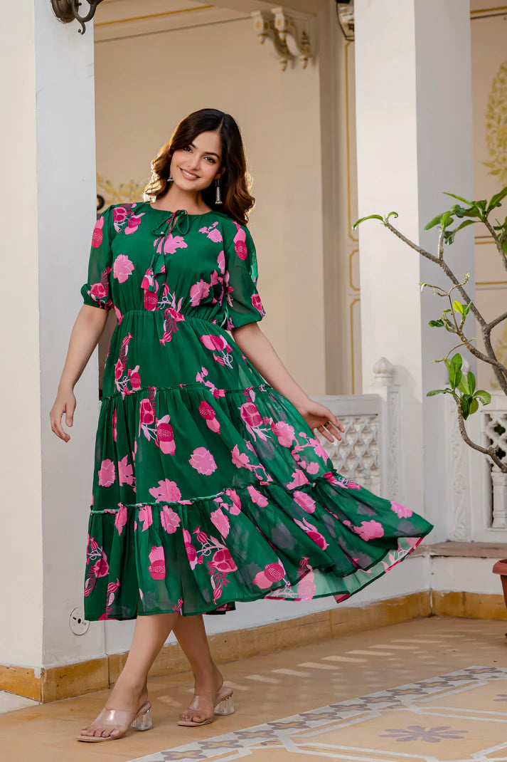 GREEN FAUX GEORGETTE FLORAL PRINT FLAIRED DRESS(WD70)