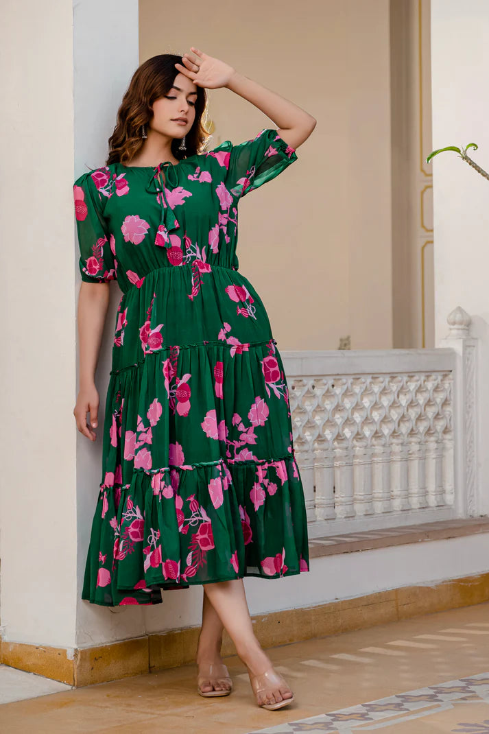 GREEN FAUX GEORGETTE FLORAL PRINT FLAIRED DRESS(WD70)
