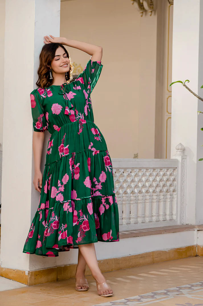 GREEN FAUX GEORGETTE FLORAL PRINT FLAIRED DRESS(WD70)