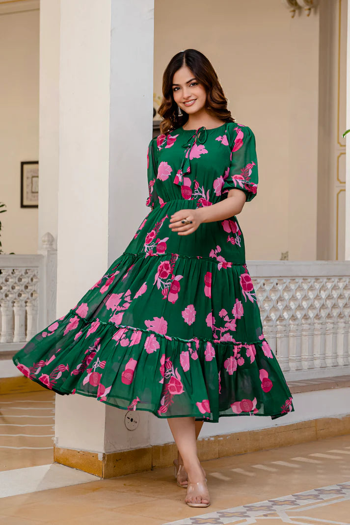 GREEN FAUX GEORGETTE FLORAL PRINT FLAIRED DRESS(WD70)