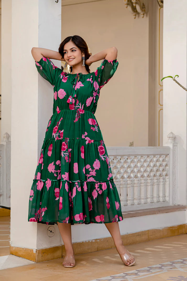 GREEN FAUX GEORGETTE FLORAL PRINT FLAIRED DRESS(WD70)