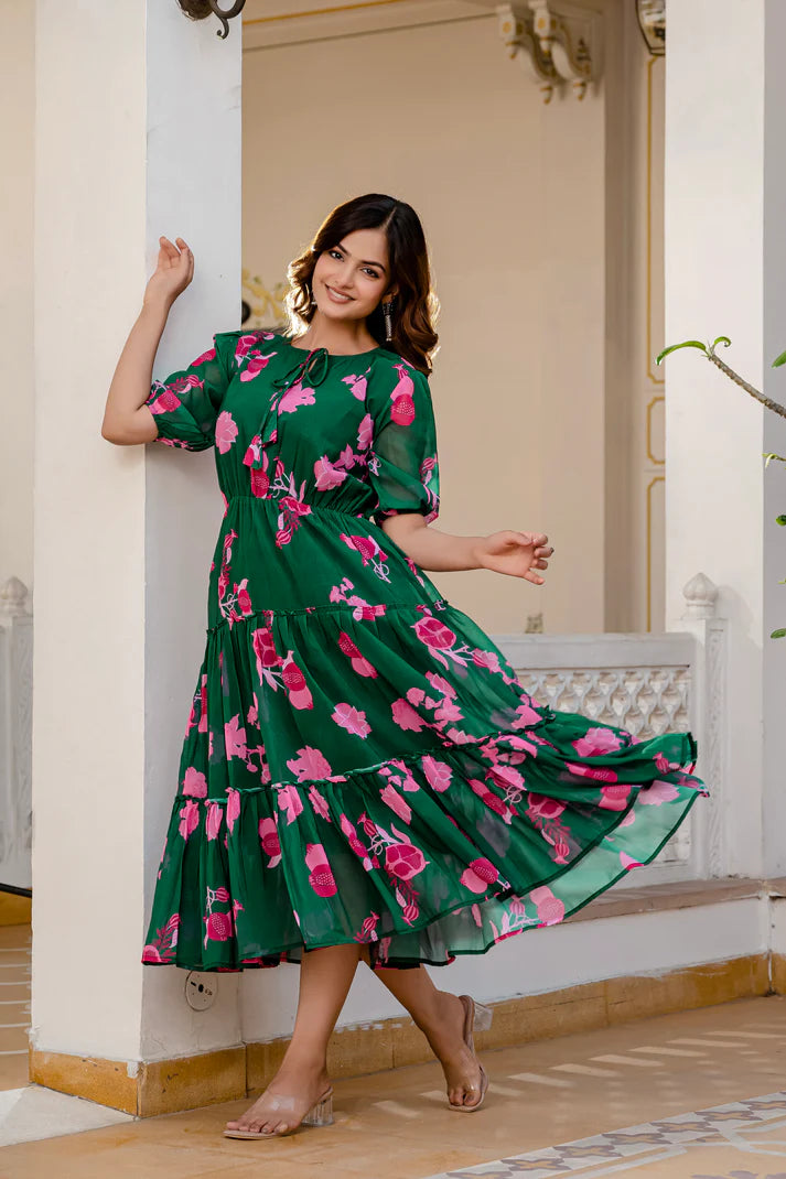 GREEN FAUX GEORGETTE FLORAL PRINT FLAIRED DRESS(WD70)