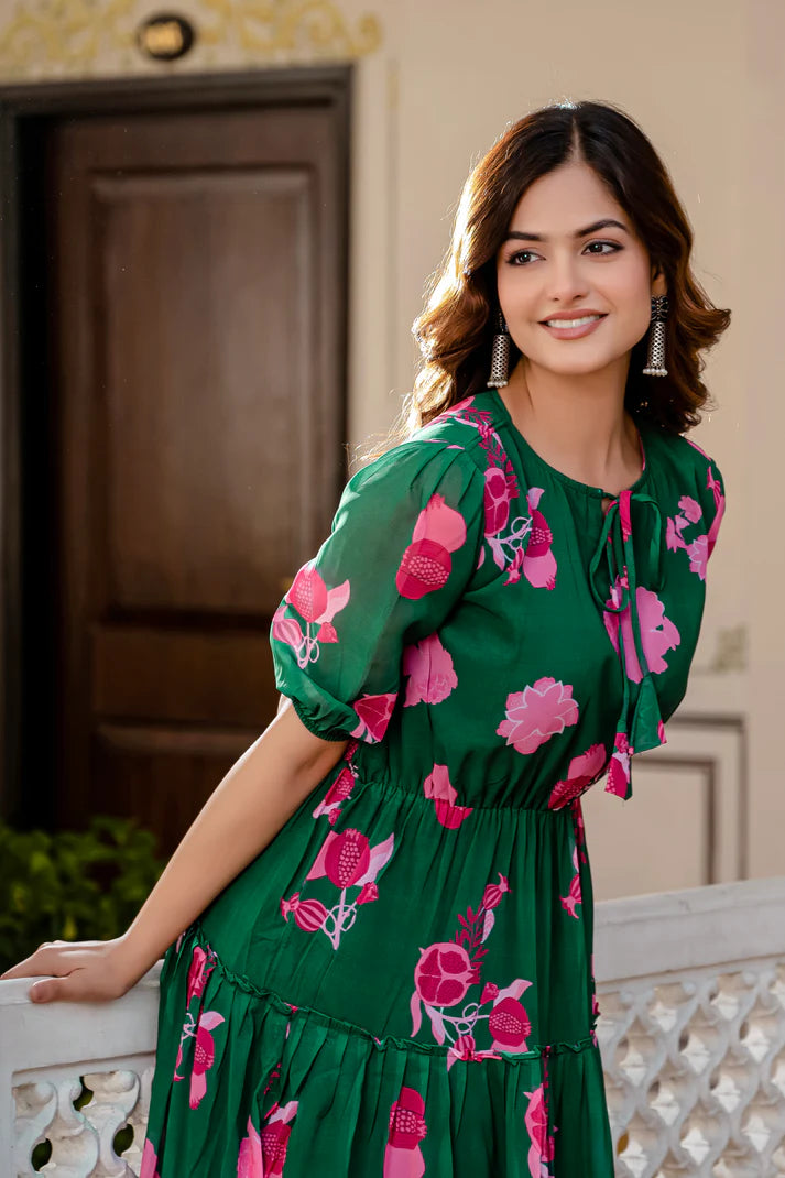GREEN FAUX GEORGETTE FLORAL PRINT FLAIRED DRESS(WD70)