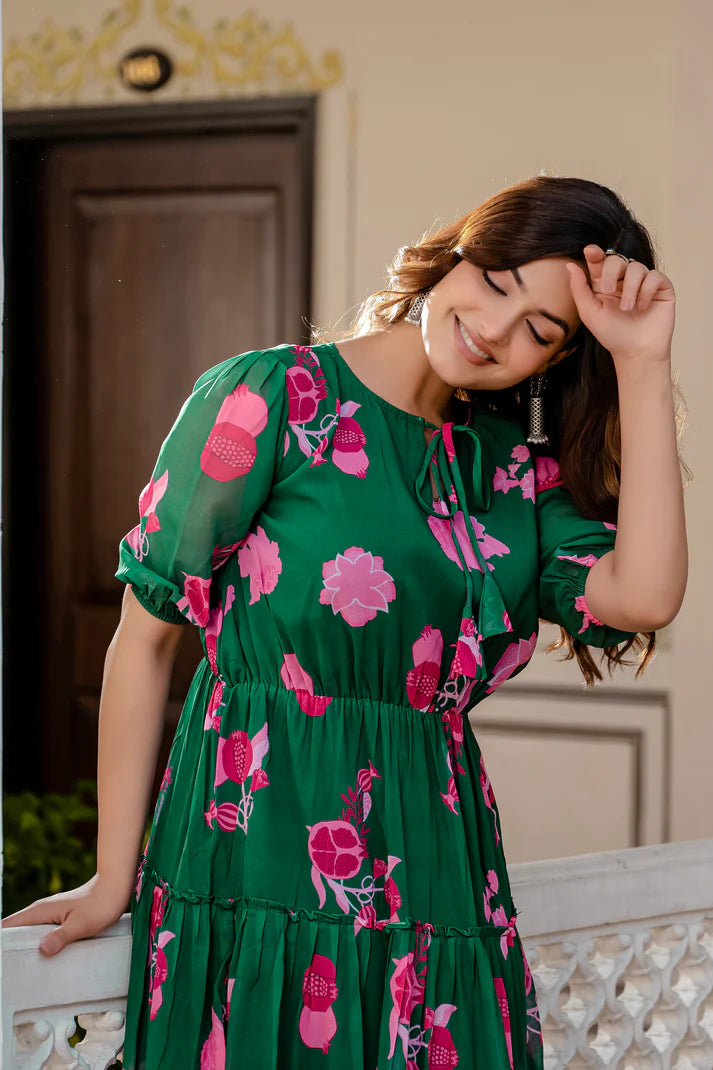 GREEN FAUX GEORGETTE FLORAL PRINT FLAIRED DRESS(WD70)