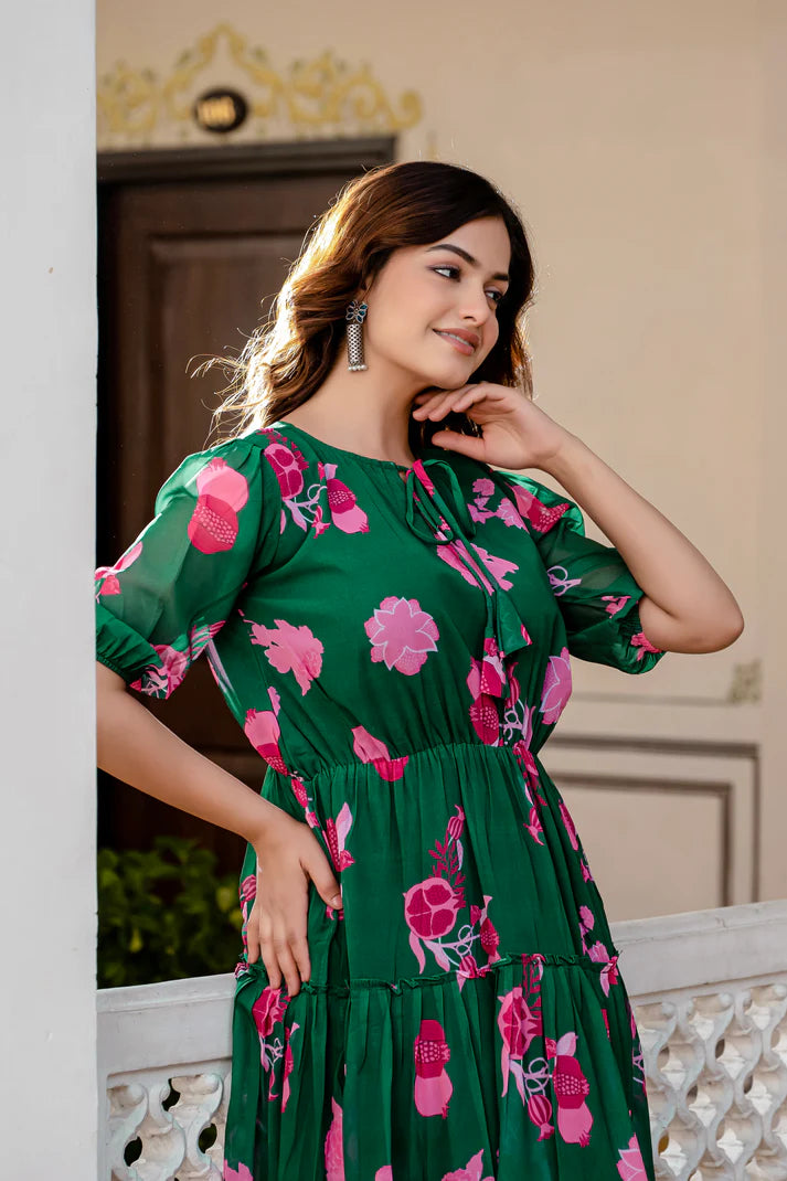 GREEN FAUX GEORGETTE FLORAL PRINT FLAIRED DRESS(WD70)