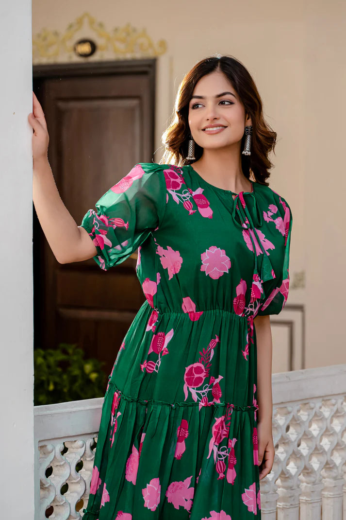 GREEN FAUX GEORGETTE FLORAL PRINT FLAIRED DRESS(WD70)