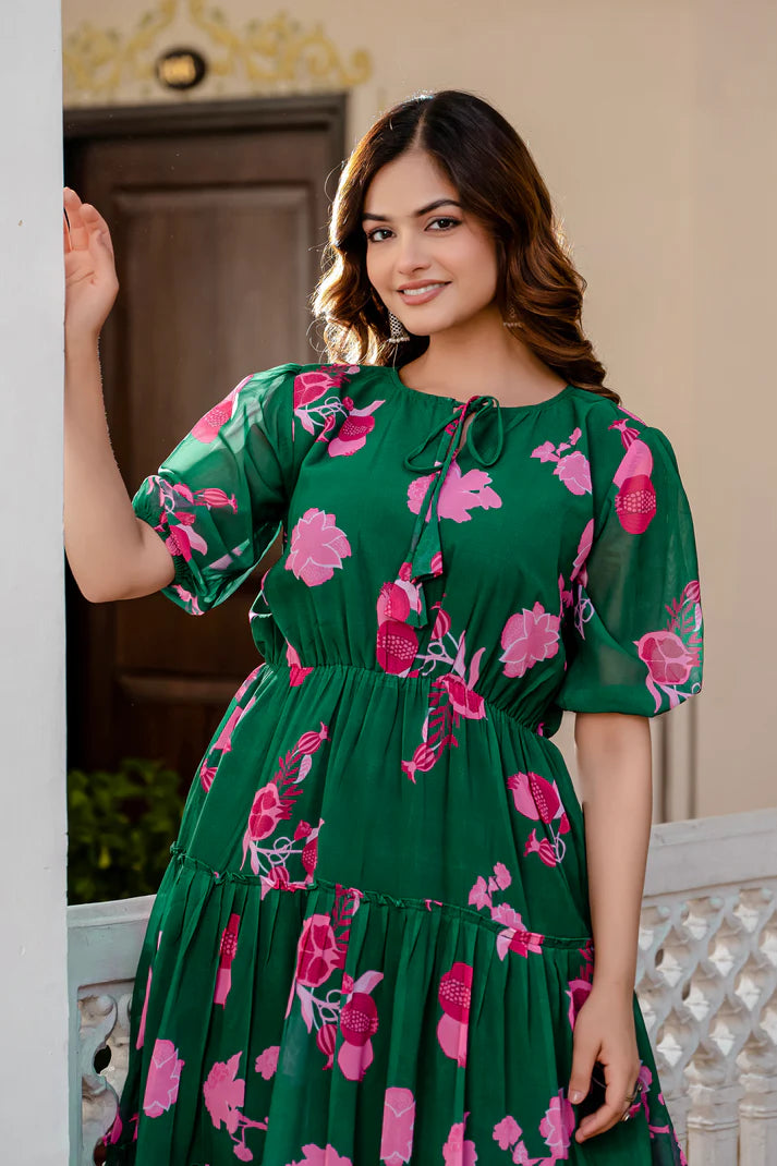 GREEN FAUX GEORGETTE FLORAL PRINT FLAIRED DRESS(WD70)