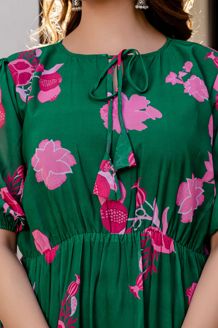GREEN FAUX GEORGETTE FLORAL PRINT FLAIRED DRESS(WD70)