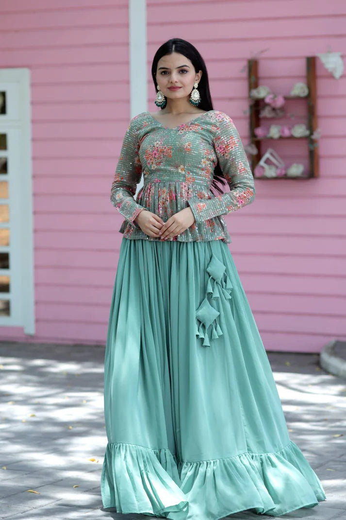Green Faux Georgette Ruffle Lehenga With Sequence Embroidered Peplum Blouse(WD170)