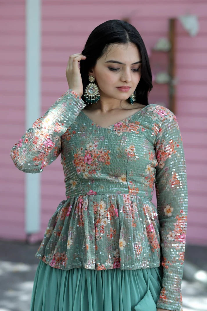Green Faux Georgette Ruffle Lehenga With Sequence Embroidered Peplum Blouse(WD170)