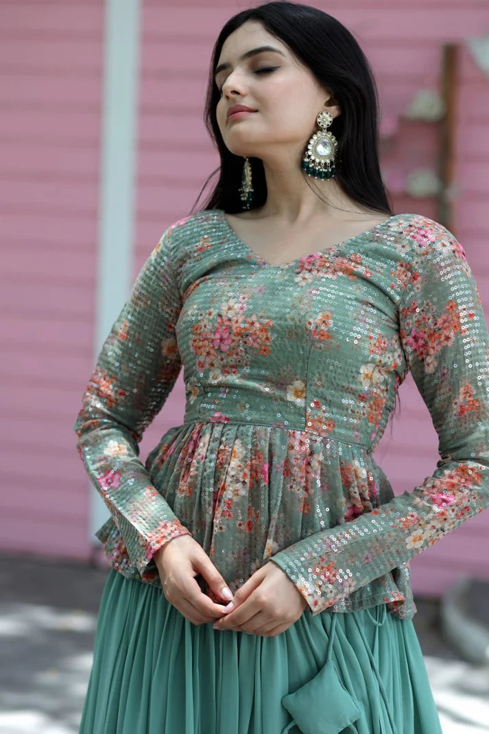 Green Faux Georgette Ruffle Lehenga With Sequence Embroidered Peplum Blouse(WD170)