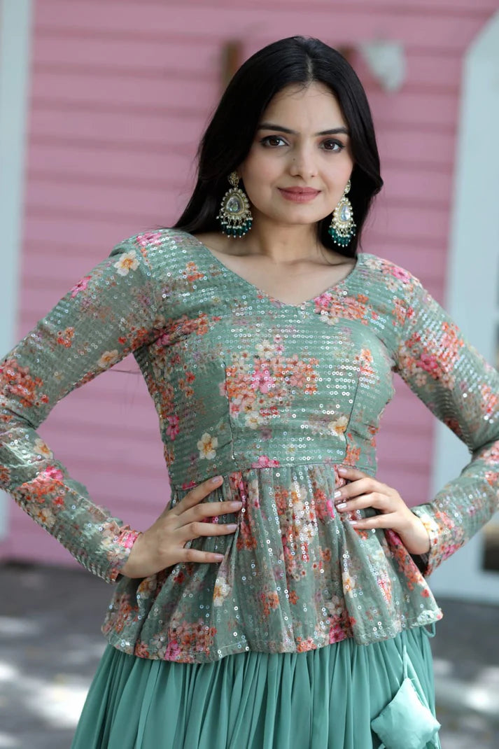 Green Faux Georgette Ruffle Lehenga With Sequence Embroidered Peplum Blouse(WD170)