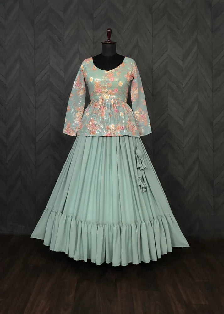 Green Faux Georgette Ruffle Lehenga With Sequence Embroidered Peplum Blouse(WD170)