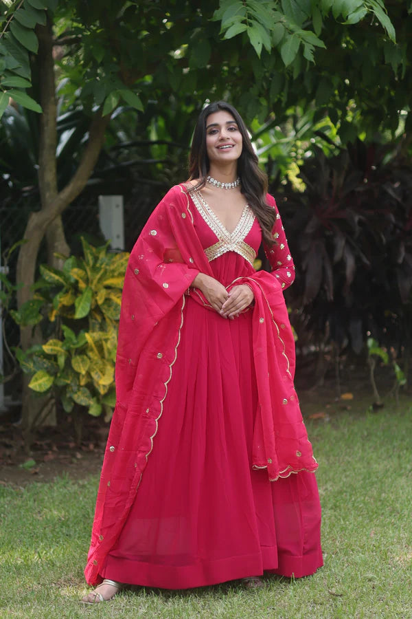 WOMENSAVTAR PREMIUM READYMADE ALIA CUT GOWN WITH DUPATTA SET