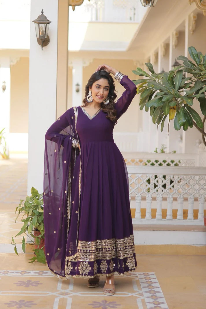 Faux Blooming Gown with Dupatta With Attractive Embroidered Sequins work.(WD32)(02)