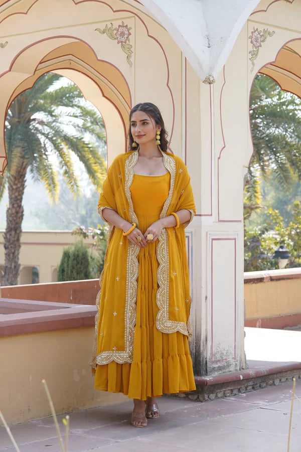 Womensavtar Desirable Women's gown Made With Faux Georgette Fabrics and Designer Embroidered Dupatta