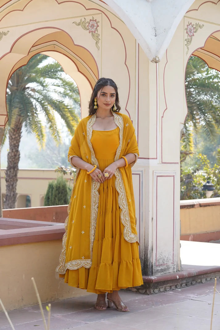 Womensavtar Desirable Women's gown Made With Faux Georgette Fabrics and Designer Embroidered Dupatta