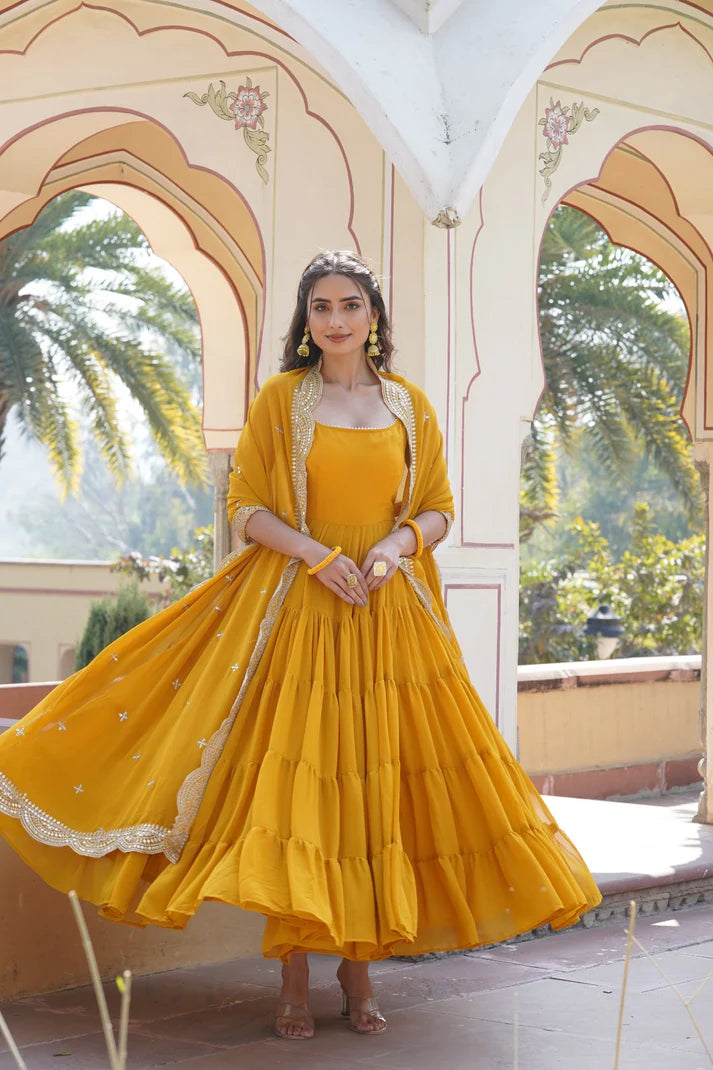 Womensavtar Desirable Women's gown Made With Faux Georgette Fabrics and Designer Embroidered Dupatta