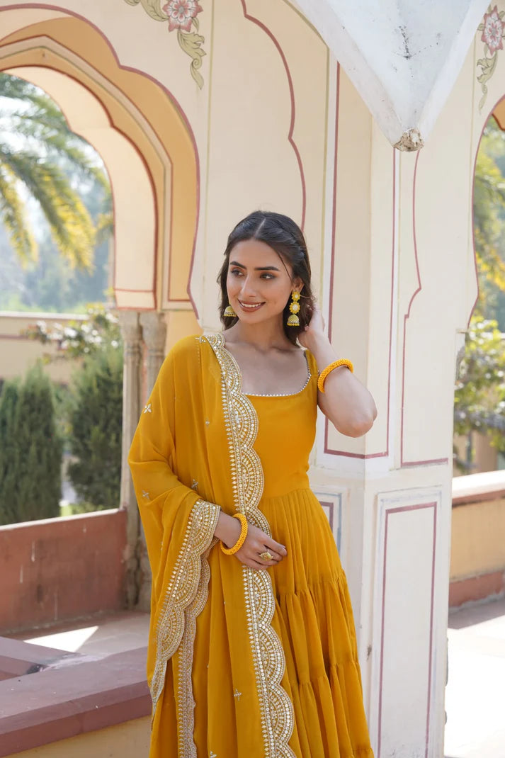 Womensavtar Desirable Women's gown Made With Faux Georgette Fabrics and Designer Embroidered Dupatta