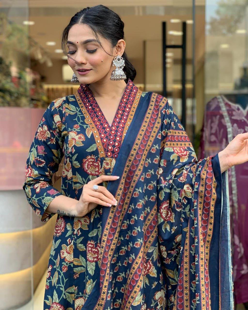 This A-line pant set is perfect for the summer season with its vibrant floral print and confident pocket one side. Plus, the included matching dupatta completes the look and adds an extra touch of style.(WARED208)