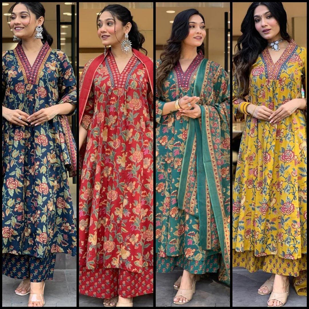 This A-line pant set is perfect for the summer season with its vibrant floral print and confident pocket one side. Plus, the included matching dupatta completes the look and adds an extra touch of style.(WARED208)