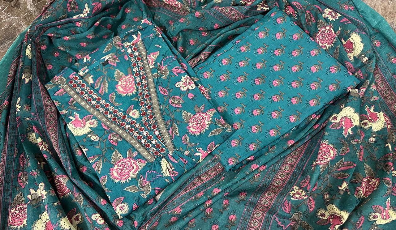 This A-line pant set is perfect for the summer season with its vibrant floral print and confident pocket one side. Plus, the included matching dupatta completes the look and adds an extra touch of style.(WARED205)