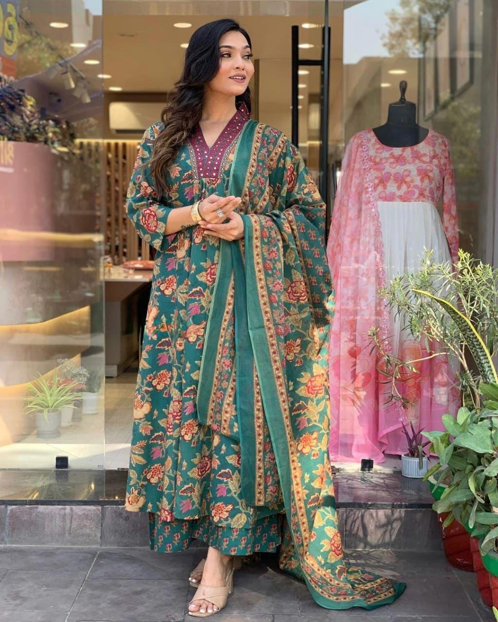 This A-line pant set is perfect for the summer season with its vibrant floral print and confident pocket one side. Plus, the included matching dupatta completes the look and adds an extra touch of style.(WARED205)