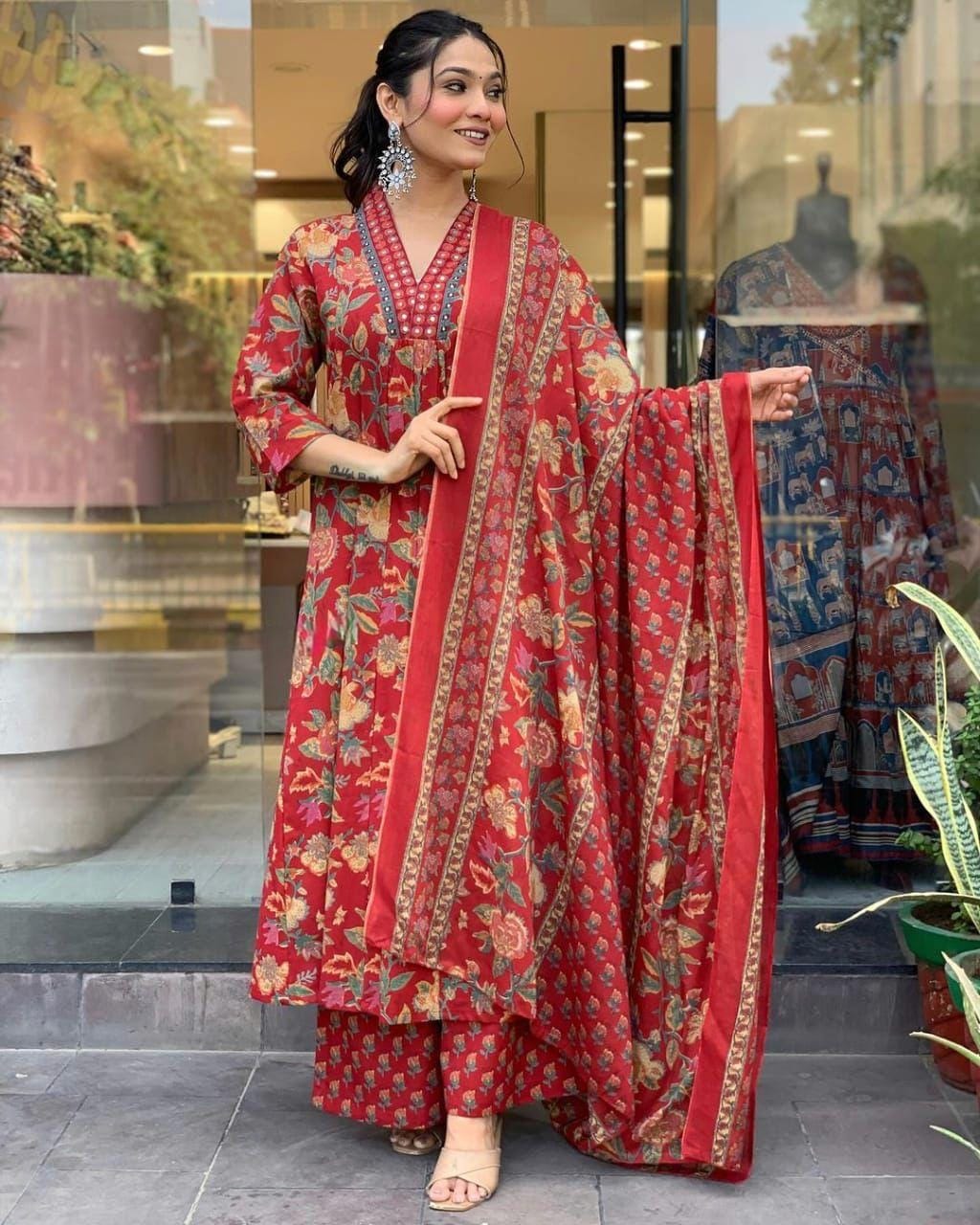 This A-line pant set is perfect for the summer season with its vibrant floral print and confident pocket one side. Plus, the included matching dupatta completes the look and adds an extra touch of style.(WARED206)