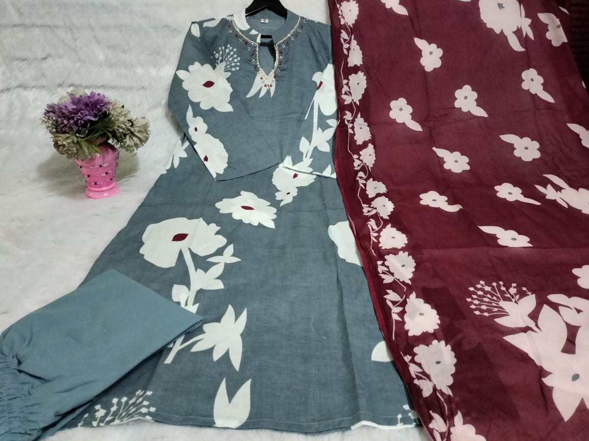 Beautiful pure cotton kurti pant dupatta set๐.(WARED244)