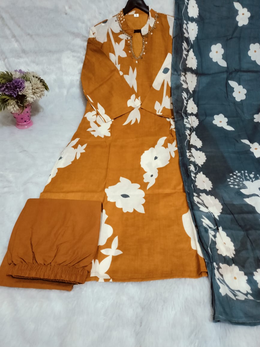 Beautiful pure cotton kurti pant dupatta set๐(WARED214)