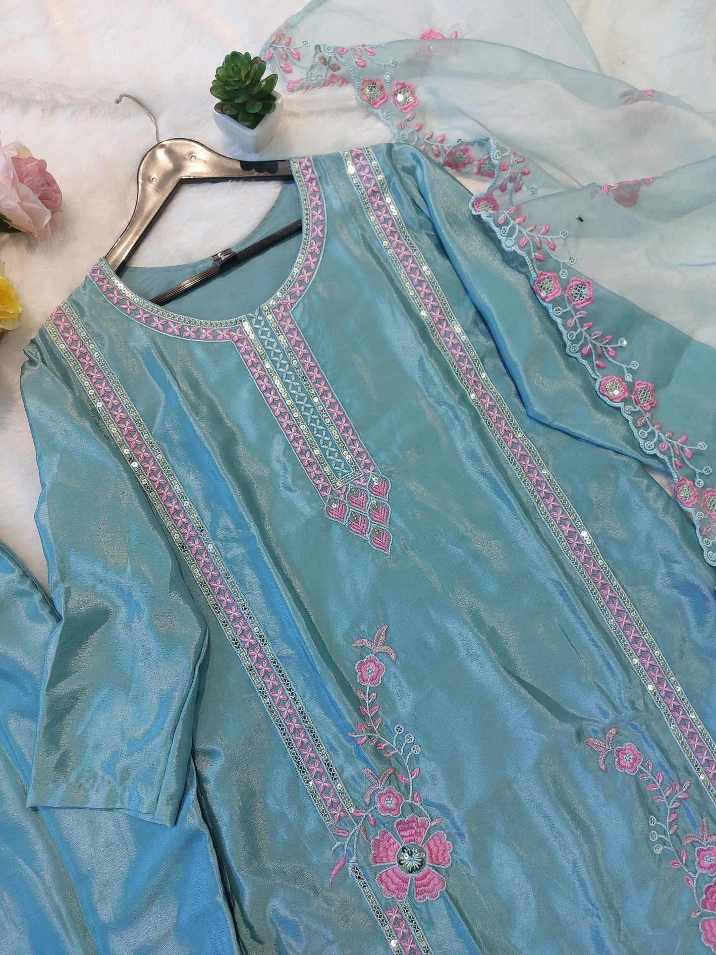 pure heavy chinon and heavy multi Embroidery 🪡 and squance work on all over kurti and duppata; (WARED13)